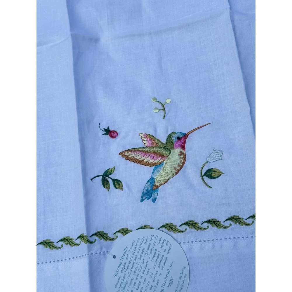 Suzanne Nicoll Hummingbird Embroidered Guest Towels Set of 2 Linen Cotton White